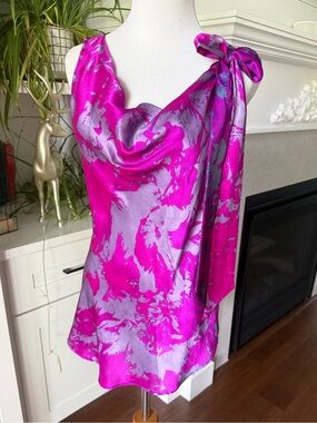 Size M 100% Silk Purple Tunic Bow Abstract Print Cocktail Luxe Barbiecore